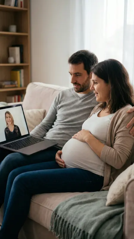 Un couple en séance visio d'HypnoNaissance depuis leur canapé