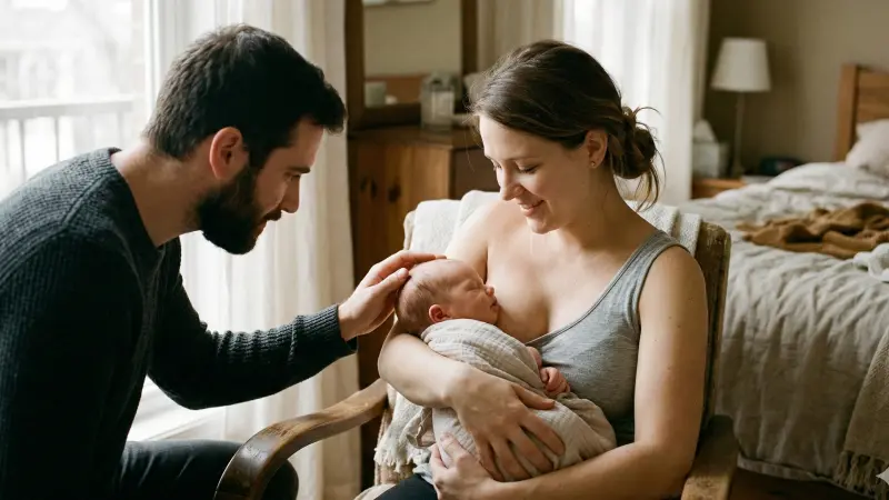 Un papa caresse la tête de son bébé, blotti contre sa compagne, après une préparation HypnoNaissance