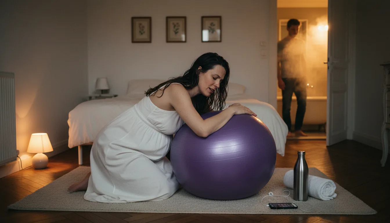 Femme enceinte agenouillée sur un ballon de naissance dans sa chambre, en préparation active pour un accouchement physiologique
