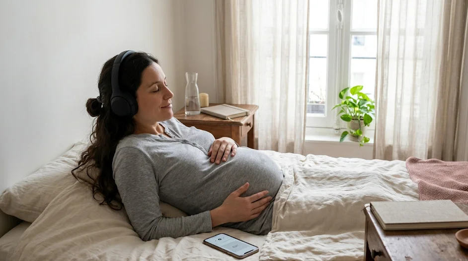 Femme enceinte au troisième trimestre allongée sur son lit, casque audio sur les oreilles, mains posées sur son ventre, écoutant des affirmations en grossesse