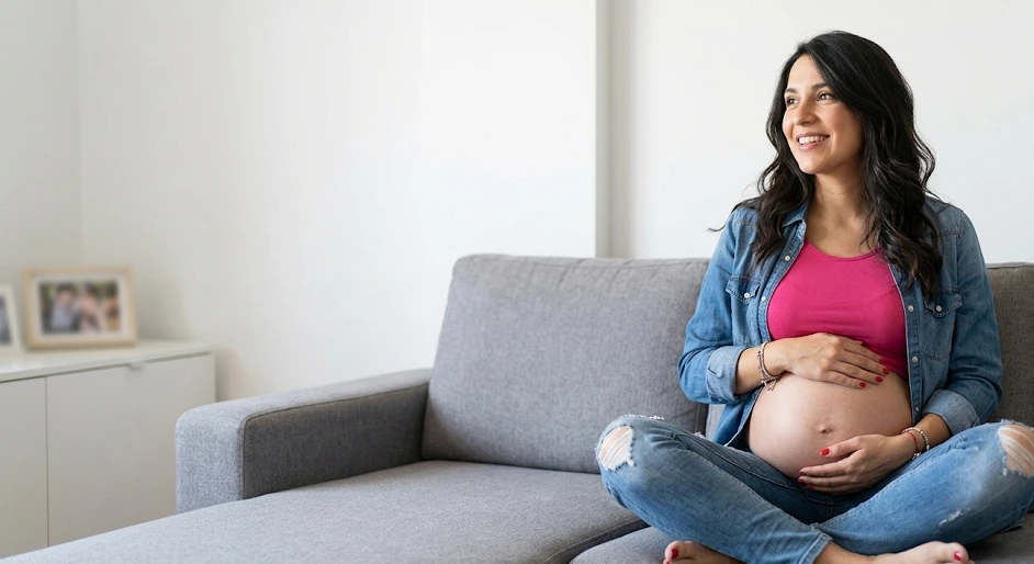 Femme enceinte sereine dans une chambre de maternité lumineuse, une main sur le ventre, avant un déclenchement