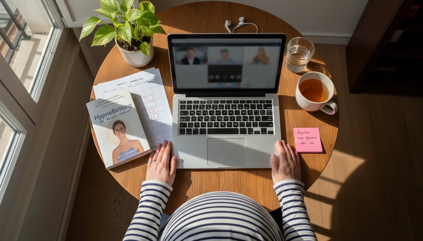 Vue en plongée d'un bureau avec le livre HypnoBirthing de Marie Mongan, un MacBook en visio et un calendrier des séances