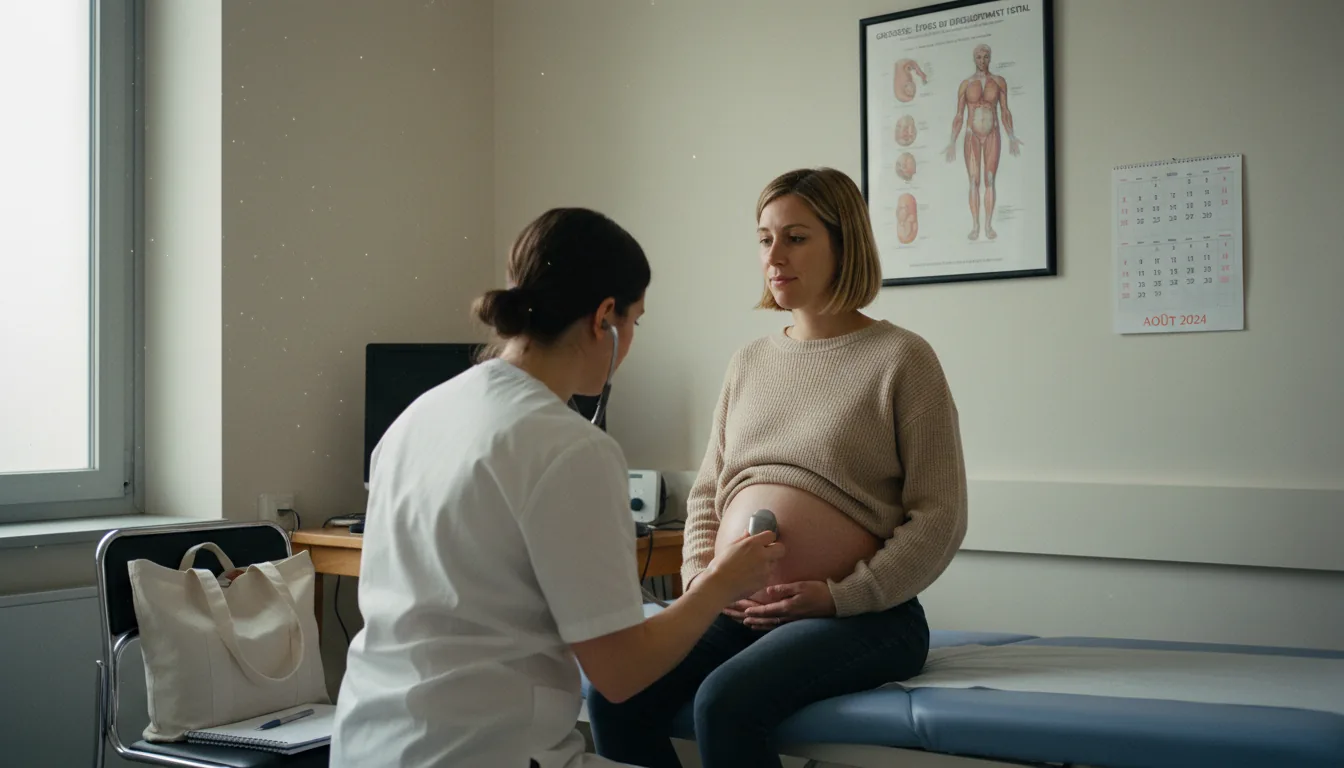 Femme enceinte en consultation prénatale chez une sage-femme, Doppler posé sur le ventre