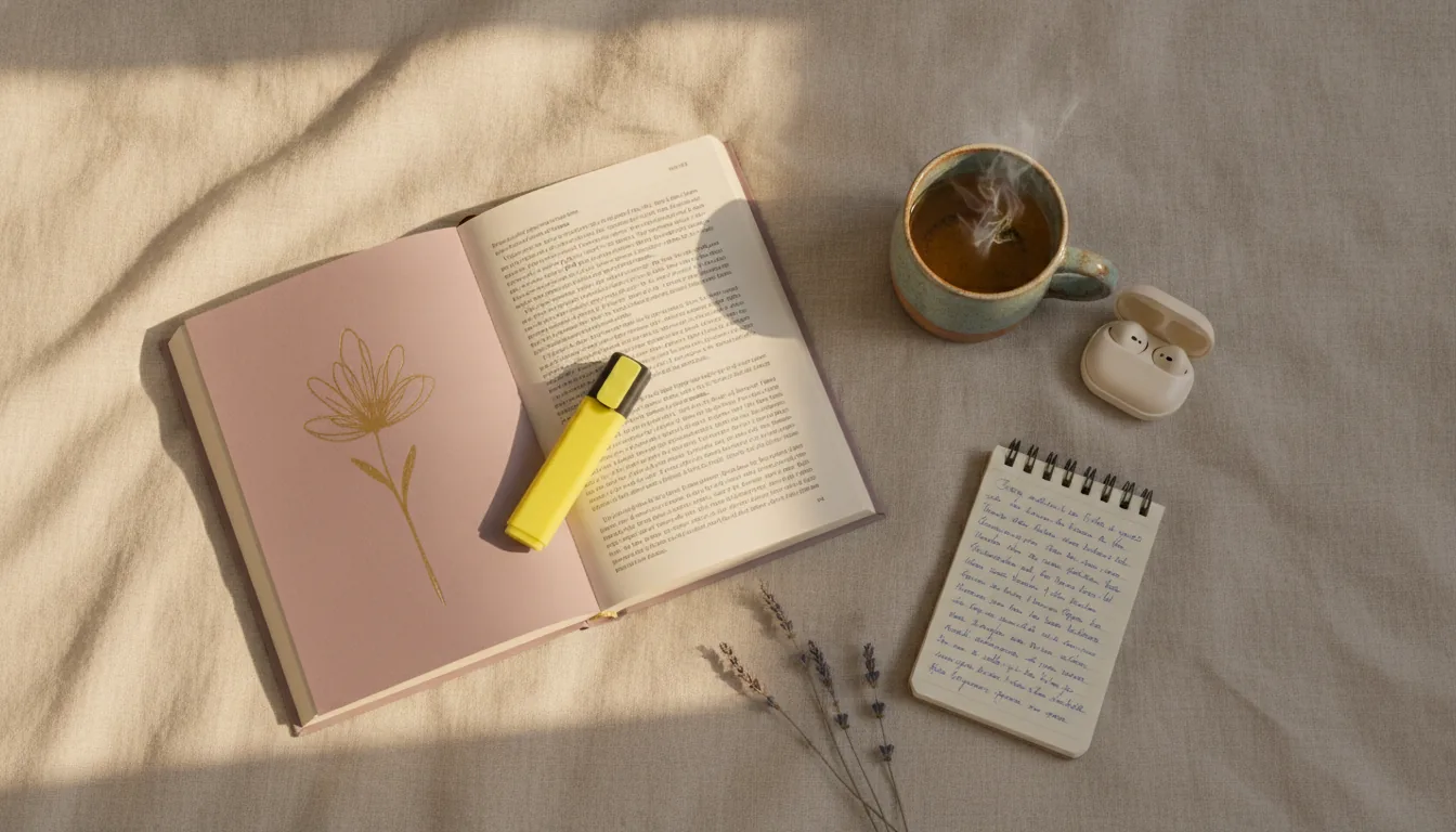 Livre ouvert orné d'une fleur dorée, surligneur, carnet de notes, tisane fumante et écouteurs posés sur un lit — découvrir le HypnoBirthing par la lecture