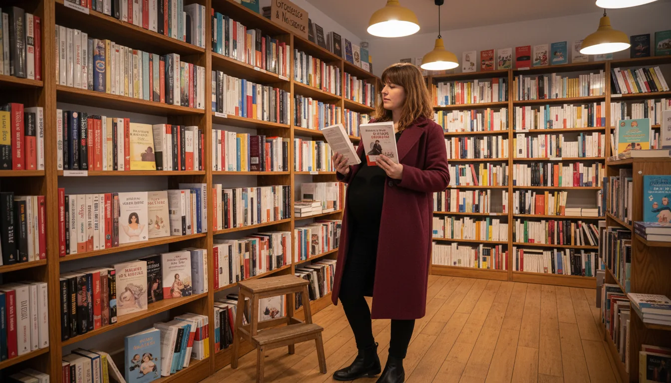 Femme enceinte dans une librairie indépendante comparant deux livres de préparation à la naissance