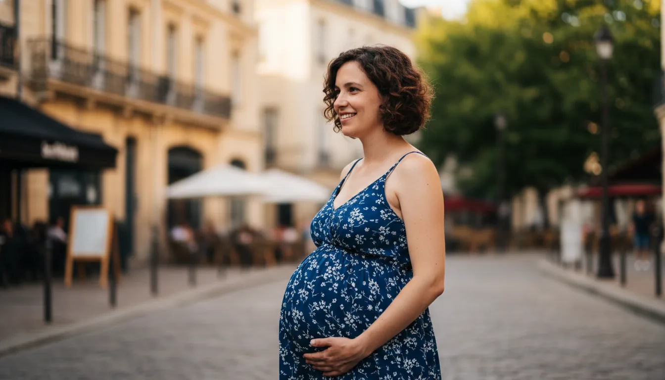 Femme enceinte assise dans un fauteuil, yeux fermés, écoutant un enregistrement audio d'auto-hypnose au casque