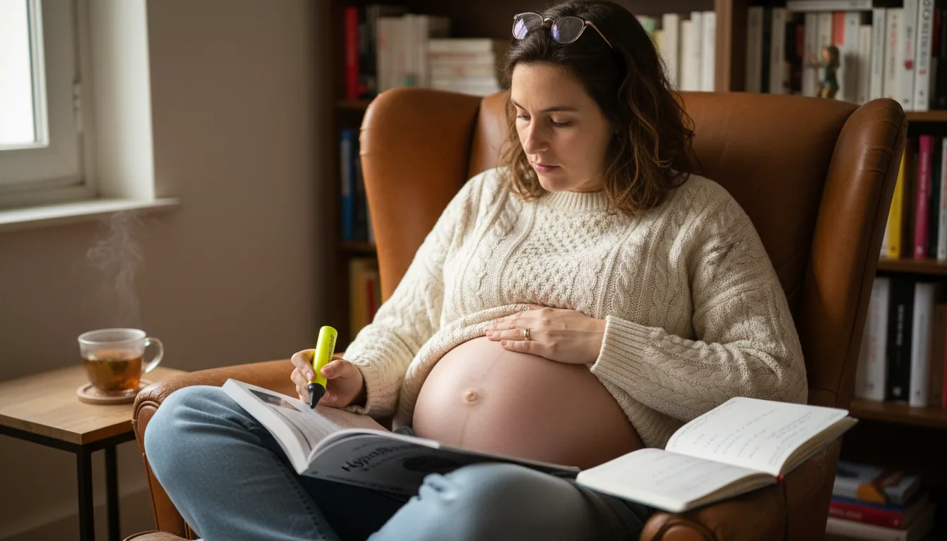 Femme enceinte lisant le livre HypnoBirthing de Marie Mongan dans un fauteuil en cuir, surligneur à la main