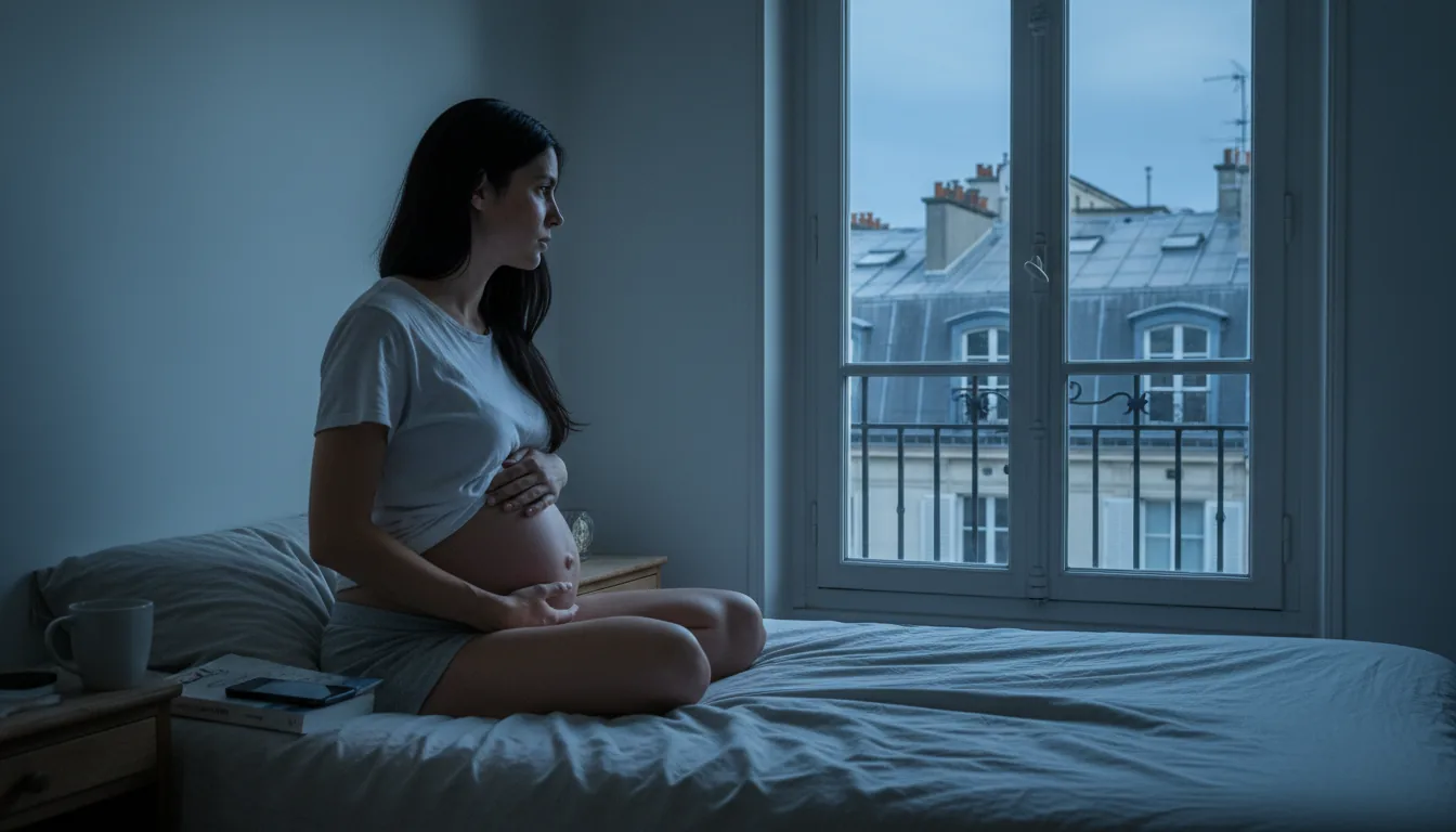 Femme enceinte assise au bord de son lit à l'heure bleue, mains protectrices sur son ventre, regard pensif vers la fenêtre