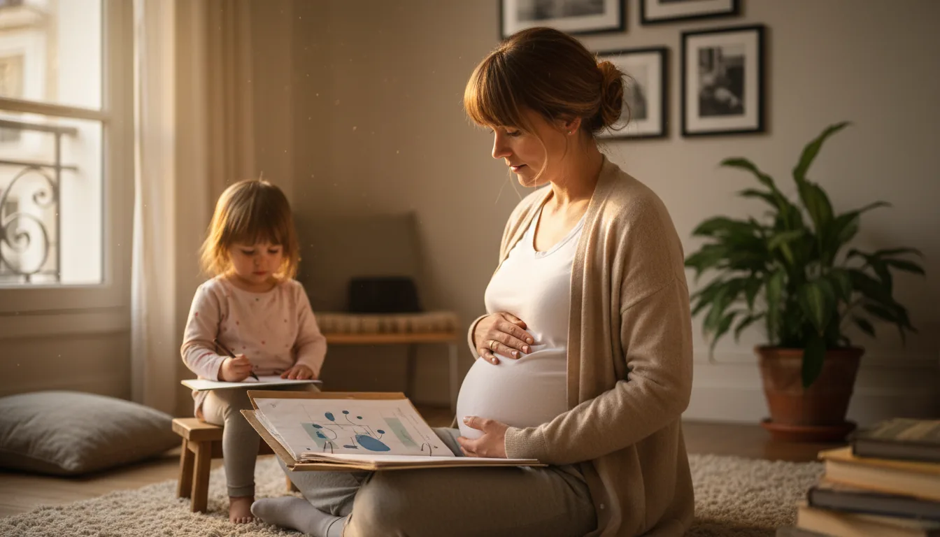 Femme enceinte en cardigan beige assise sur un tapis dans un salon parisien baigné de lumière dorée tenant un dossier mé