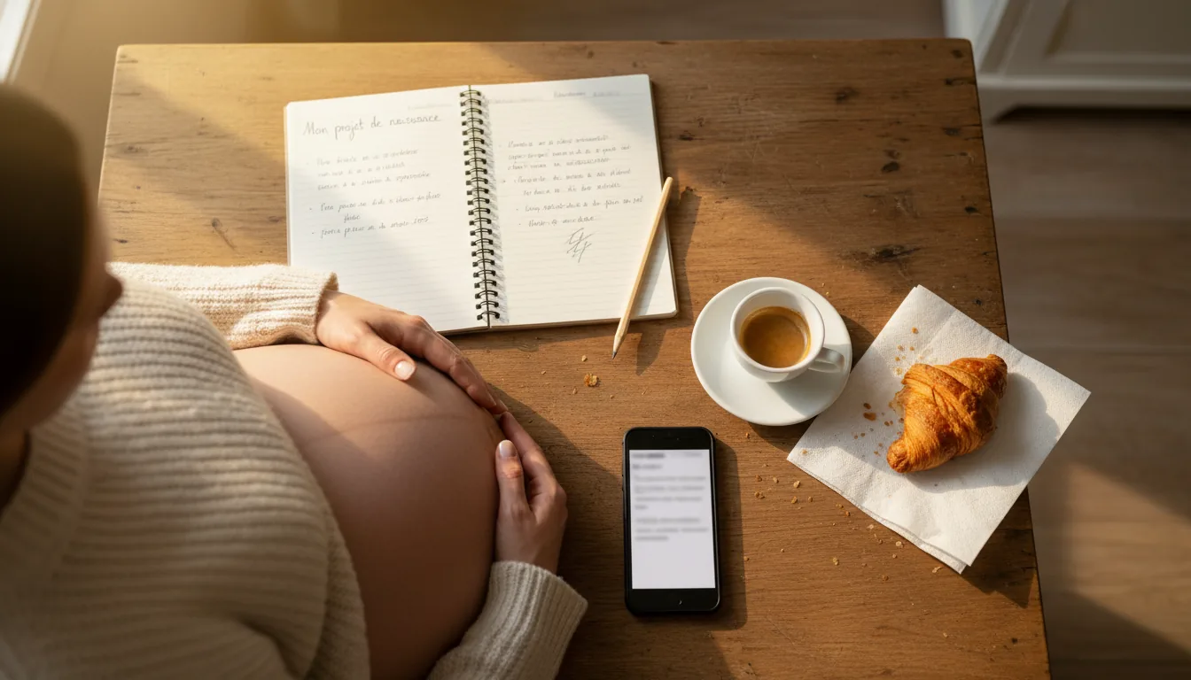 Future maman concentrée écrivant son projet de naissance dans un carnet, lumière chaleureuse d'intérieur.