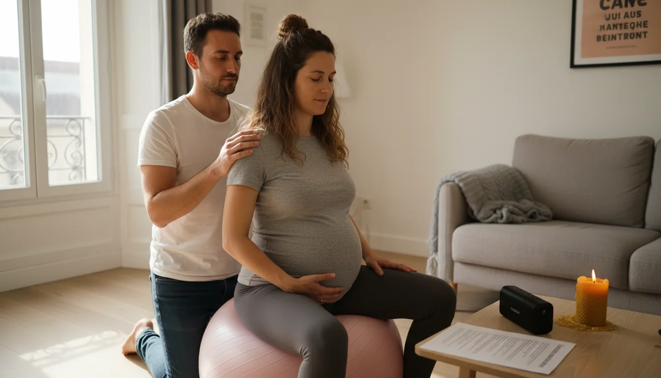 Couple français pratiquant l'HypnoNaissance à la maison, futur père en position de touche d'ancrage sur les épaules de sa compagne enceinte assise sur un ballon