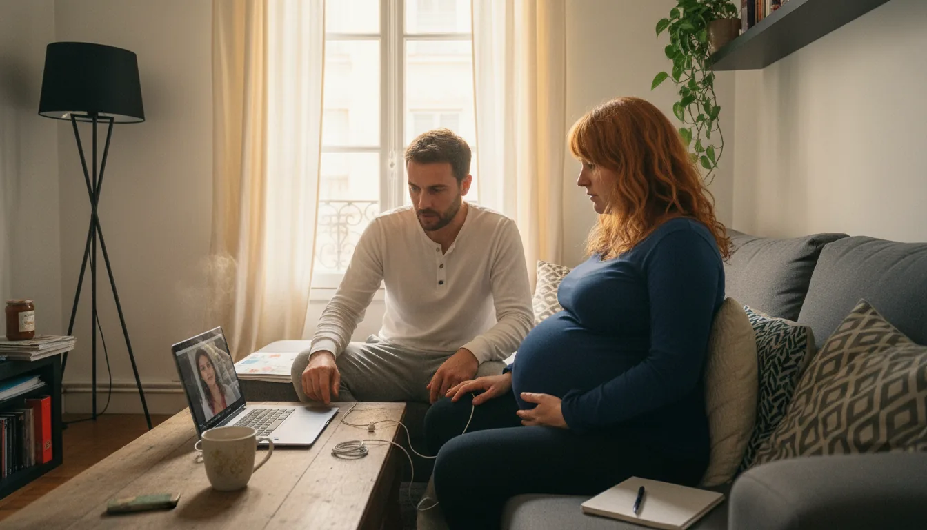 Couple français sur un canapé suivant une séance HypnoNaissance en visio sur leur laptop